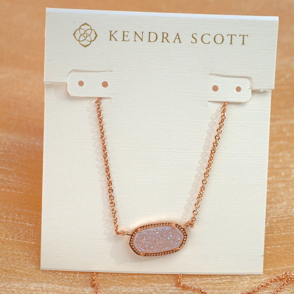 Kendra Scott Elisa Rose Gold Pendant Necklace in Iridescent Drusy + Dust Bag